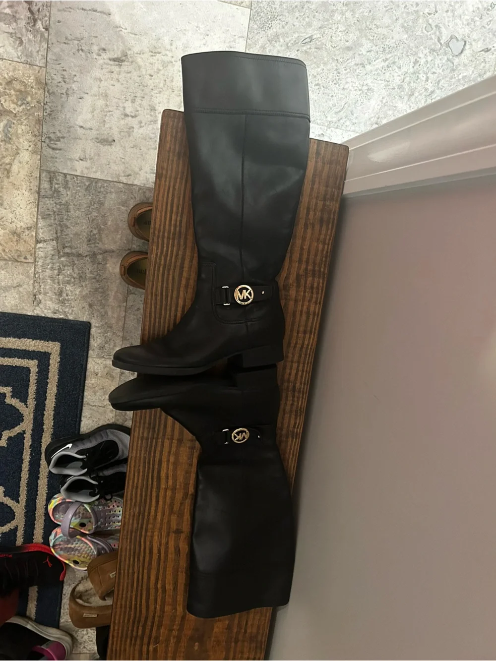 Title: Michael Kors Black Leather Knee High Riding Boots Gold MK Logo
